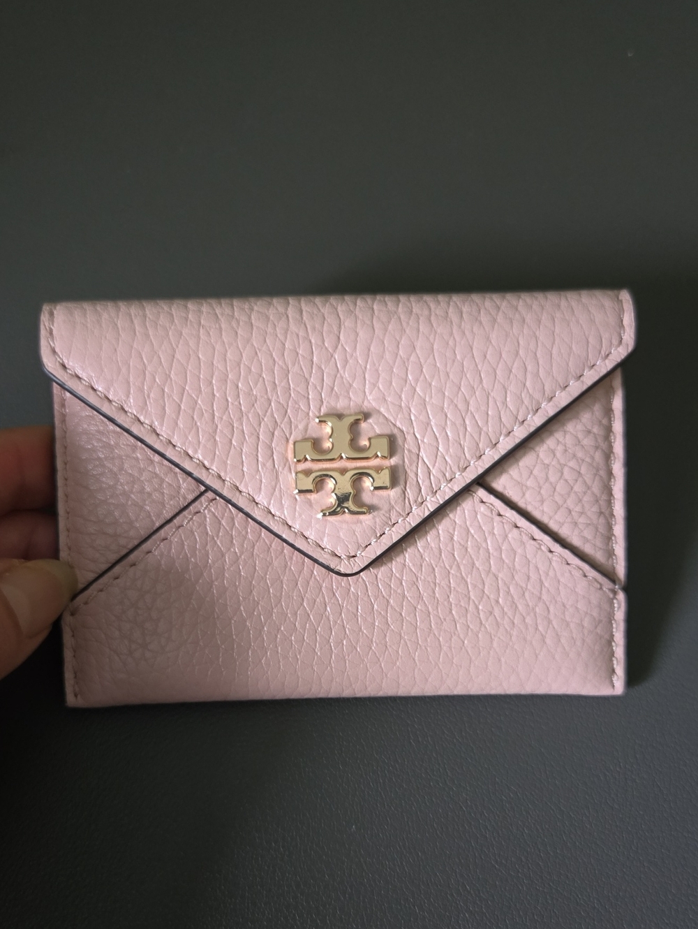 Tory Burch Light Pink Pebbled Leather Envelope Card Holder with Gold Logo